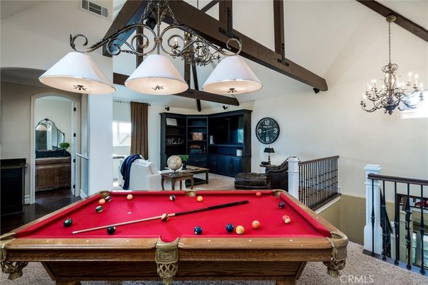 Billiard Table, Chandelier, Game Room, Interior, Wooden Beams