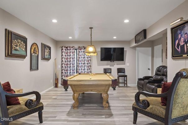 Billiard Table, Game Room, Interior, Pendant Lights, Recessed Lighting, Wood Texture Flooring