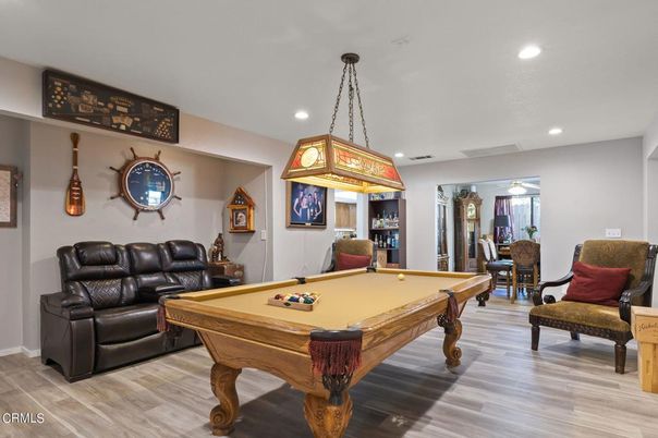 Billiard Table, Game Room, Interior, Pendant Lights, Recessed Lighting, Wood Texture Flooring