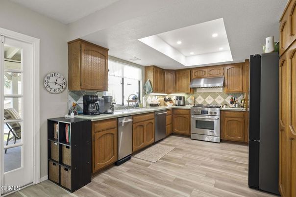 Interior, Kitchen, Recessed Lighting, Stainless Steel Appliances, Wood Texture Flooring