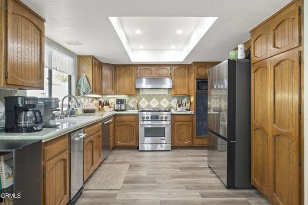 Interior, Kitchen, Recessed Lighting, Stainless Steel Appliances, Wood Texture Flooring