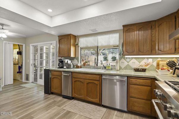 Interior, Kitchen, Recessed Lighting, Stainless Steel Appliances, Wood Texture Flooring