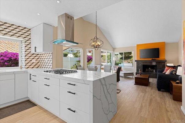 Dining room, Fireplace, Interior, Kitchen, Living room, Pendant Lights, Recessed Lighting, Wood Texture Flooring