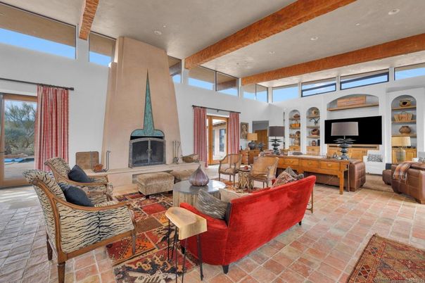 Fireplace, Interior, Living room, Recessed Lighting, Wooden Beams