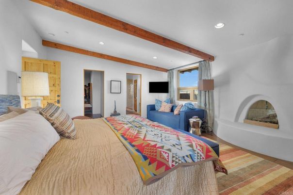 Bedroom, Fireplace, Interior, Recessed Lighting, Wooden Beams, Wood Texture Flooring