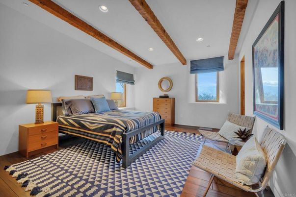 Bedroom, Interior, Recessed Lighting, Wooden Beams, Wood Texture Flooring