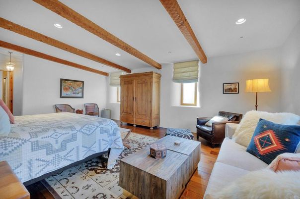 Bedroom, Dining room, Interior, Living room, Pendant Lights, Recessed Lighting, Wooden Beams, Wood Texture Flooring