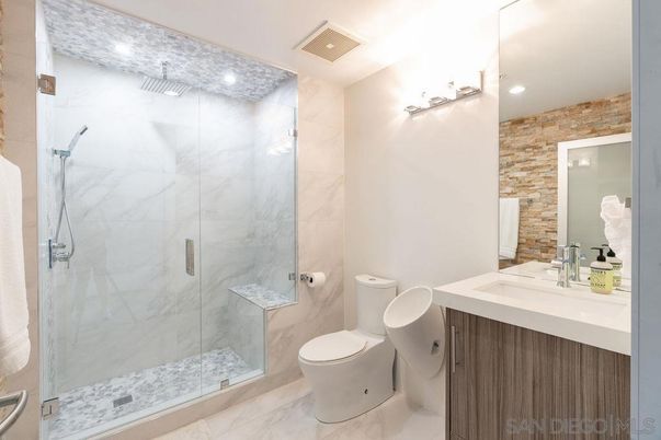 Bathroom, Glass Shower, Interior, Marble Walls, Recessed Lighting