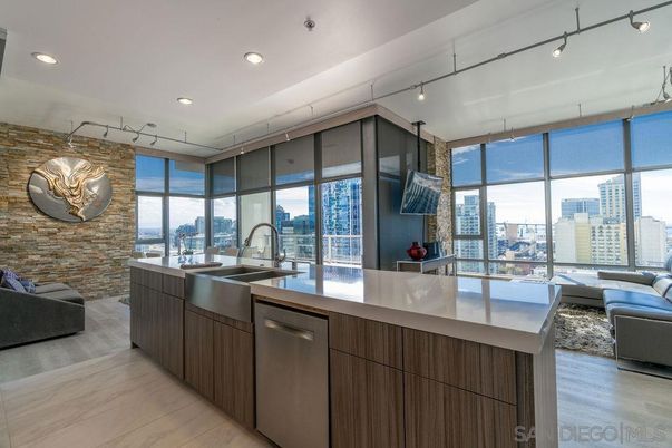 Interior, Kitchen, Living room, Recessed Lighting, Stainless Steel Appliances, Stone Walls, Wood Texture Flooring