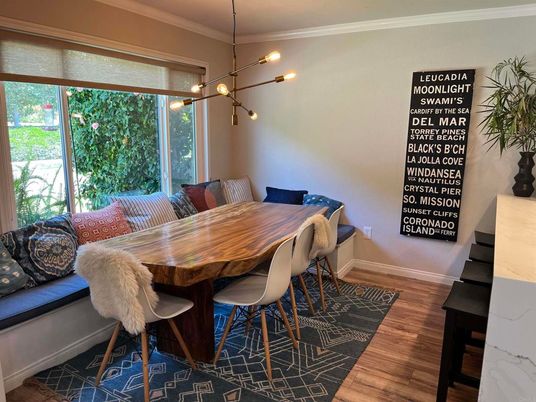 Dining room, Interior, Pendant Lights, Wood Texture Flooring