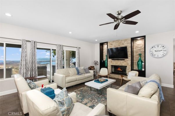 Fireplace, Interior, Living room, Recessed Lighting, Stone Walls