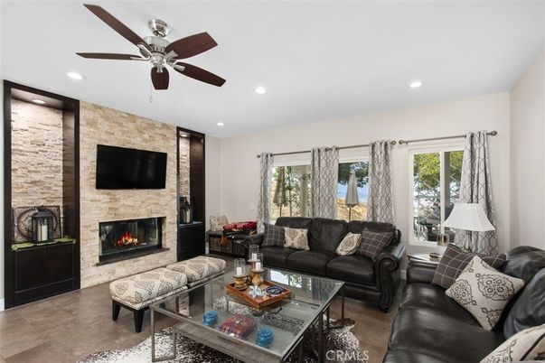 Fireplace, Interior, Living room, Recessed Lighting, Stone Walls