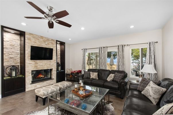 Fireplace, Interior, Living room, Recessed Lighting, Stone Walls