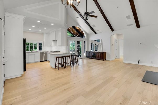 Interior, Kitchen, Recessed Lighting, Stainless Steel Appliances, Wooden Beams, Wood Texture Flooring