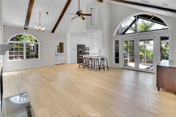 Chandelier, Interior, Kitchen, Recessed Lighting, Wooden Beams, Wood Texture Flooring