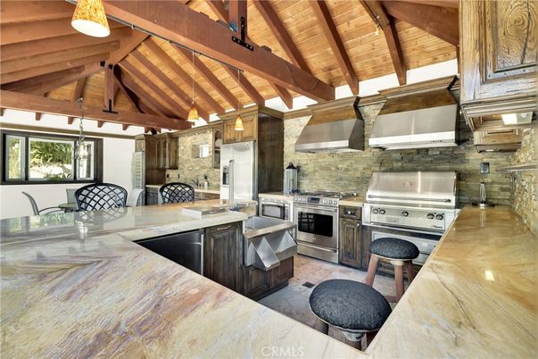 Interior, Kitchen, Pendant Lights, Stainless Steel Appliances, Stone Walls, Wooden Beams, Wooden Ceilings