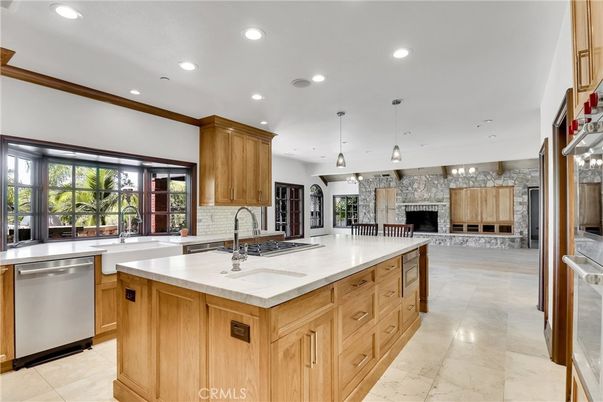 Fireplace, Interior, Kitchen, Pendant Lights, Recessed Lighting, Stainless Steel Appliances