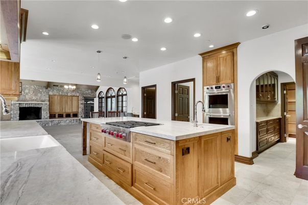 Fireplace, Interior, Kitchen, Pendant Lights, Recessed Lighting, Stainless Steel Appliances