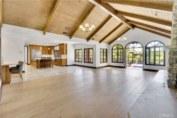 Chandelier, Empty room, Fireplace, Interior, Kitchen, Pendant Lights, Wooden Beams, Wooden Ceilings, Wood Texture Flooring