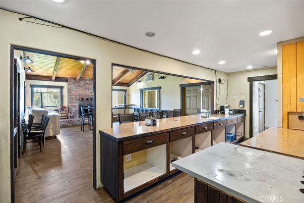 Dining room, Interior, Kitchen, Recessed Lighting, Stone Walls, Wood Texture Flooring