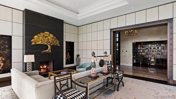 Chandelier, Fireplace, Interior, Living room, Recessed Lighting, Wood Texture Flooring