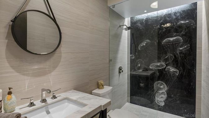 Bathroom, Interior, Marble Walls, Recessed Lighting