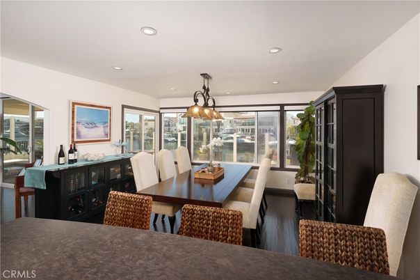Dining room, Interior, Pendant Lights, Recessed Lighting, Wood Texture Flooring