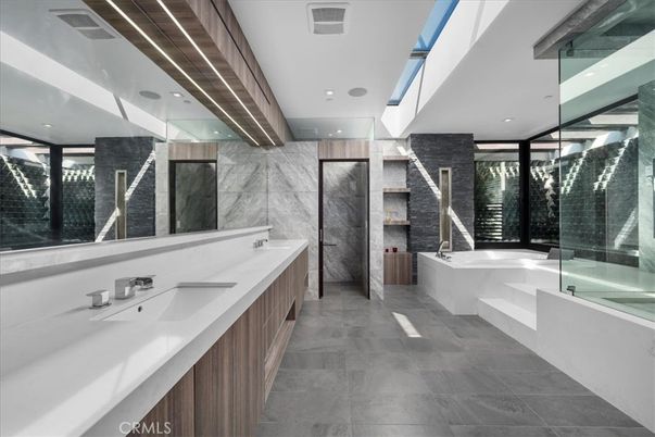 Bathroom, Dual Sink Vanities, Glass Shower, Interior, Marble Walls, Recessed Lighting