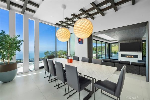Dining room, Fireplace, Interior, Living room, Pendant Lights, Water, Wooden Beams