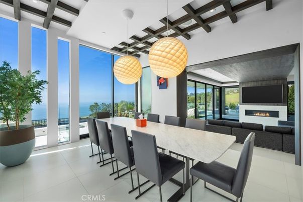 Dining room, Fireplace, Interior, Living room, Pendant Lights, Water, Wooden Beams