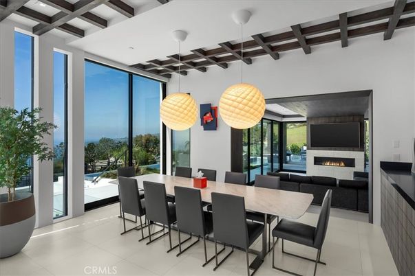 Dining room, Fireplace, Interior, Living room, Pendant Lights, Wooden Beams