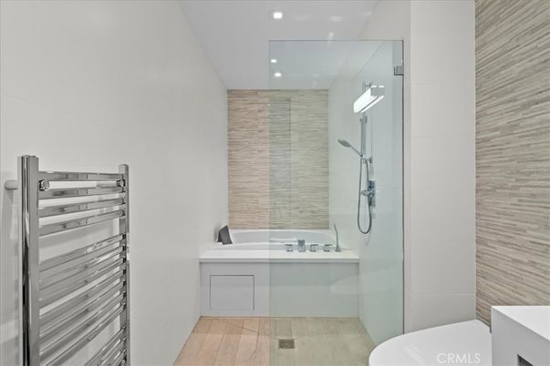 Bathroom, Glass Shower, Interior, Recessed Lighting, Wood Texture Flooring