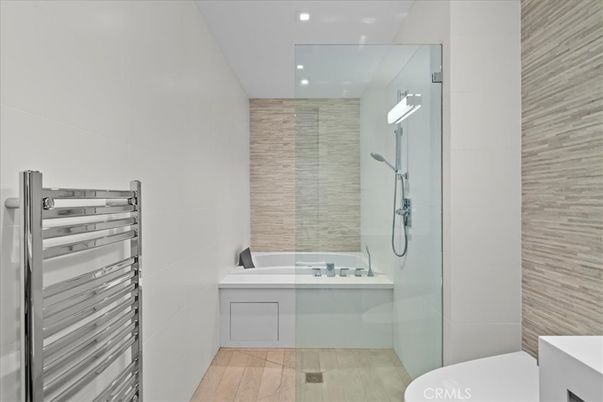 Bathroom, Glass Shower, Interior, Recessed Lighting, Wood Texture Flooring