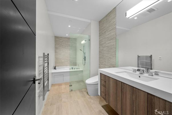 Bathroom, Glass Shower, Interior, Recessed Lighting, Wood Texture Flooring