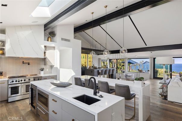 Interior, Kitchen, Pendant Lights, Recessed Lighting, Stainless Steel Appliances, Water, Wood Texture Flooring