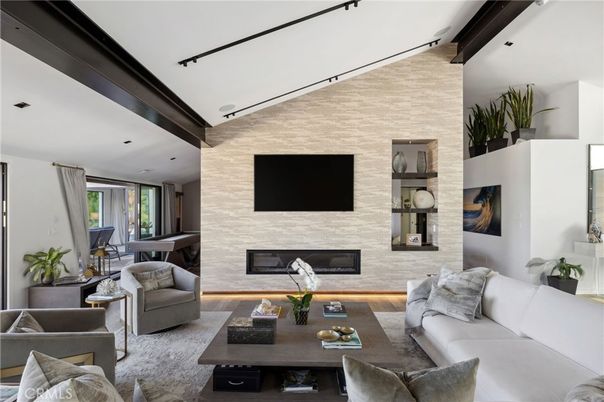 Billiard Table, Fireplace, Interior, Living room, Recessed Lighting, Stone Walls, Wood Texture Flooring