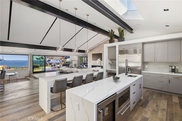 Interior, Kitchen, Pendant Lights, Recessed Lighting, Stainless Steel Appliances, Water, Wood Texture Flooring