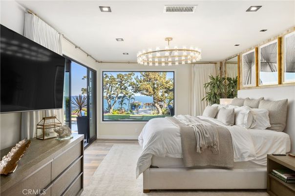 Bedroom, Chandelier, Interior, Recessed Lighting, Wood Texture Flooring