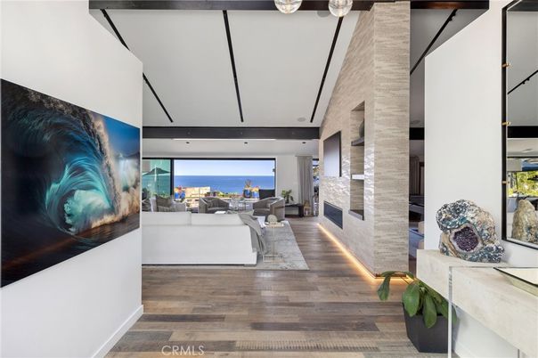 Fireplace, Interior, Living room, Stone Walls, Water, Wood Texture Flooring