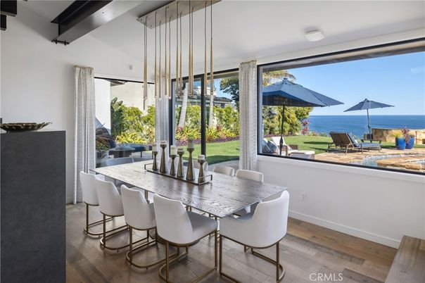 Dining room, Interior, Pendant Lights, Water, Wood Texture Flooring