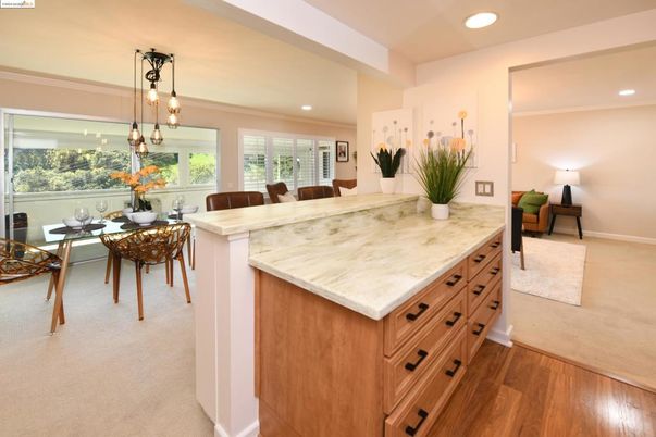 Dining room, Interior, Pendant Lights, Recessed Lighting, Wood Texture Flooring