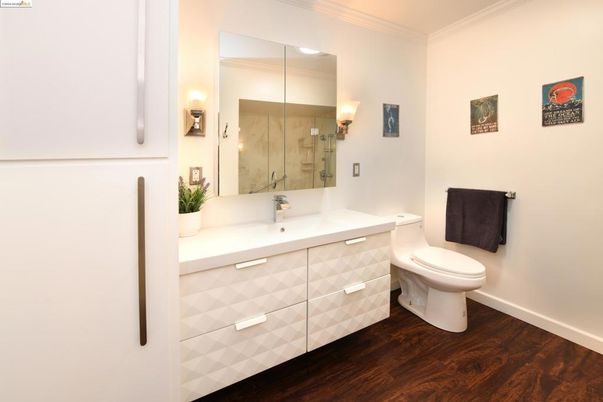 Bathroom, Glass Shower, Interior, Wood Texture Flooring