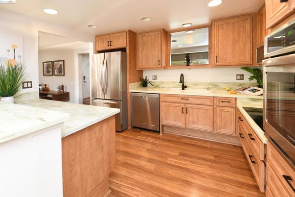 Interior, Kitchen, Recessed Lighting, Stainless Steel Appliances, Wood Texture Flooring