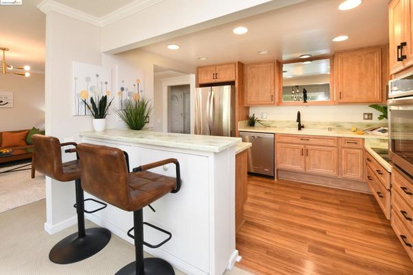 Interior, Kitchen, Recessed Lighting, Stainless Steel Appliances, Wood Texture Flooring