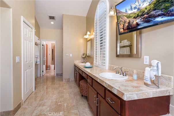 Bathroom, Dual Sink Vanities, Interior, Recessed Lighting, Tile Countertops