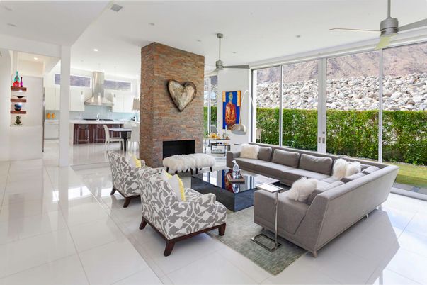 Fireplace, Interior, Kitchen, Living room, Pendant Lights, Recessed Lighting, Stone Walls