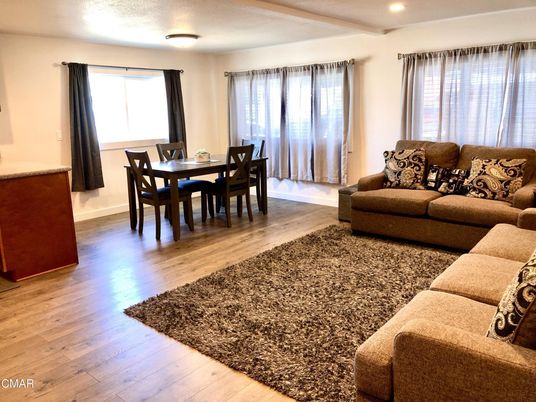 Dining room, Interior, Living room, Recessed Lighting, Wood Texture Flooring