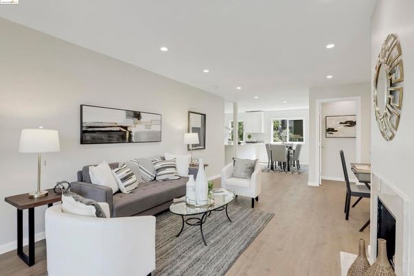 Dining room, Interior, Living room, Recessed Lighting, Wood Texture Flooring