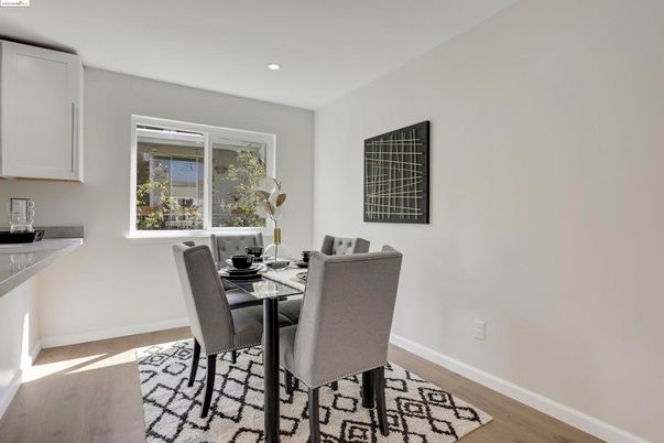 Dining room, Interior, Recessed Lighting, Wood Texture Flooring