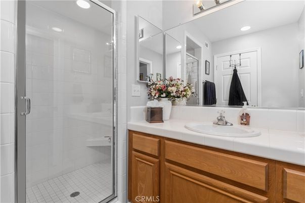 Bathroom, Glass Shower, Interior, Recessed Lighting, Tile Countertops